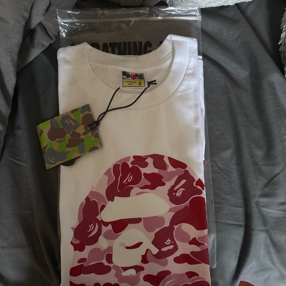 Bape White Short Sleeve Tee with Pink & Red Camo Ape Head
